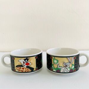 Looney Toons Soup Bowl Mug Cup Bugs Bunny Sylvester Tweety Vintage 90’s Set Of 2